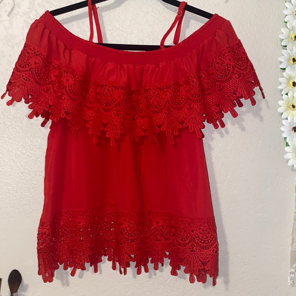 NOBO Red, off the shoulder blouse.